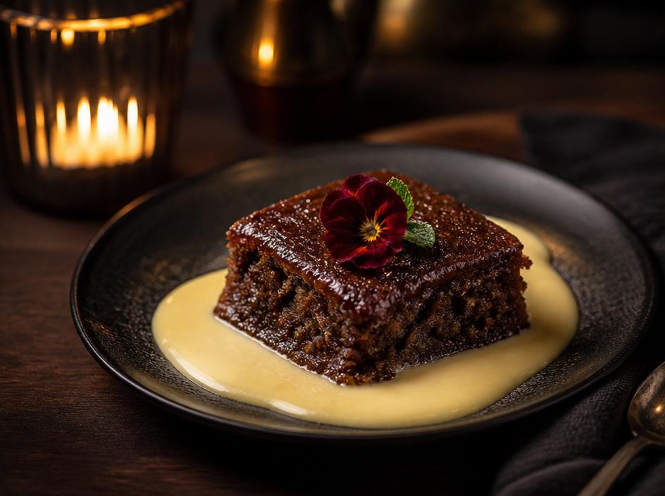 Malvapoeding with custard plated on dark ceramic